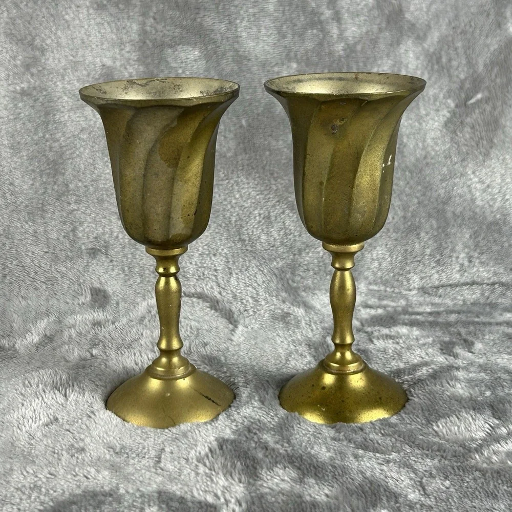 Vintage Miniature‎ Brass Goblet Candle Sticks Lots Of Patina